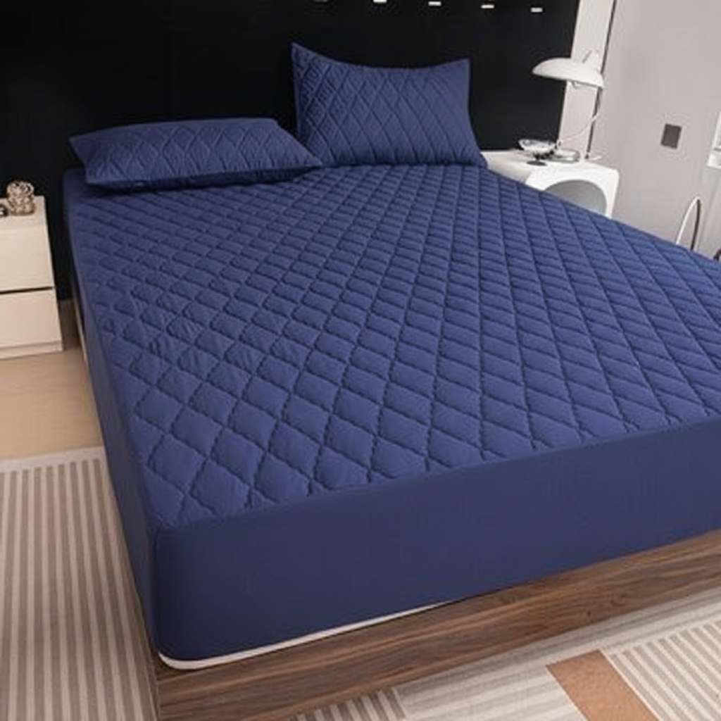 Cotton Quilted Waterproof Mattress Cover - Dark Blue
